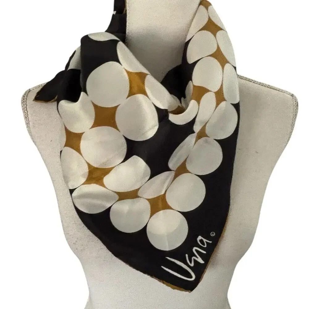 Vera Neumann Mod Silk Blend Polka Dot Square Scarf Black Gold Handcrafted Japan